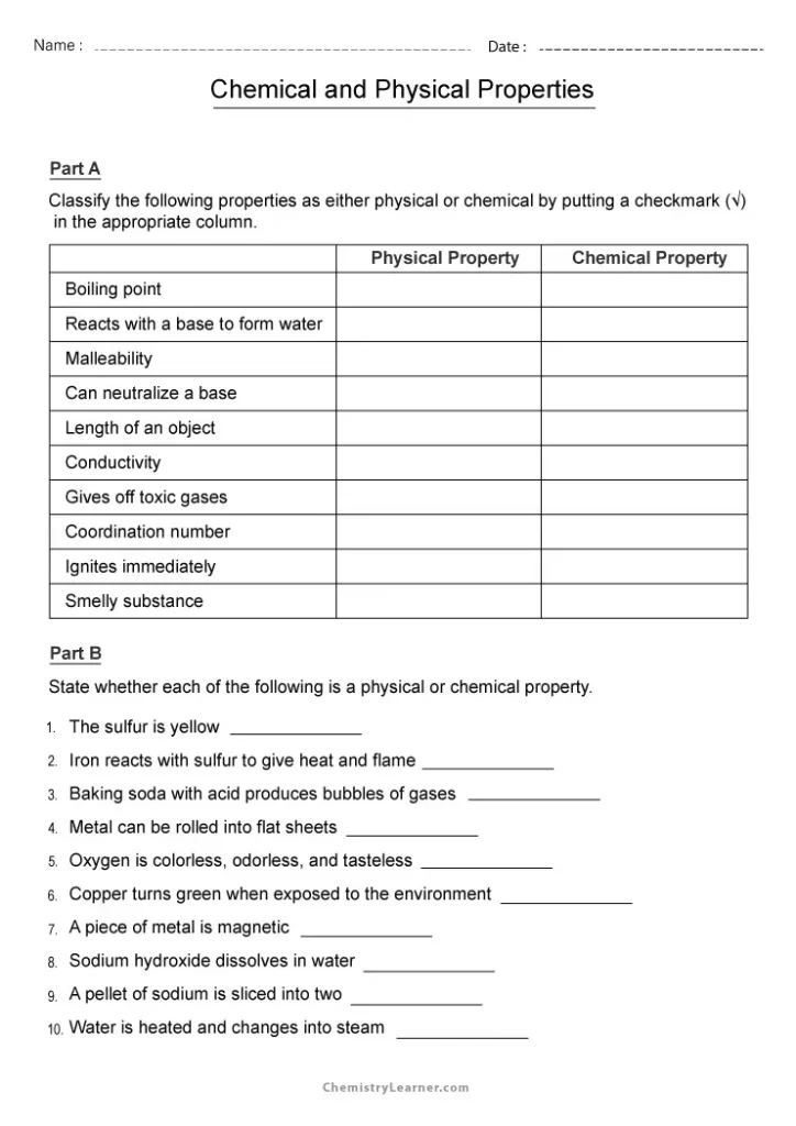 Physical and Chemical Properties Worksheet with Answer Key