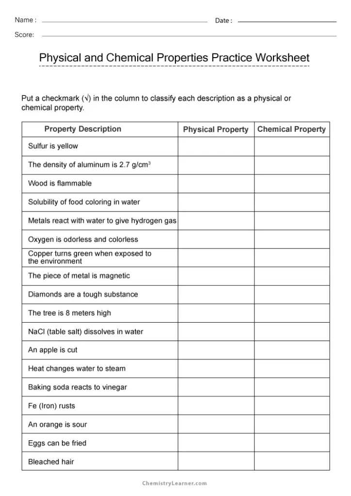 Physical and Chemical Properties Worksheet with Answers