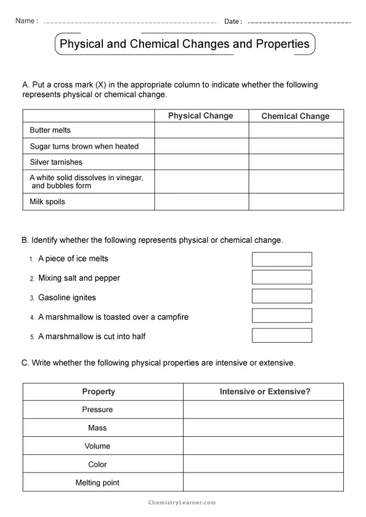 Physical and Chemical Properties and Changes Worksheet