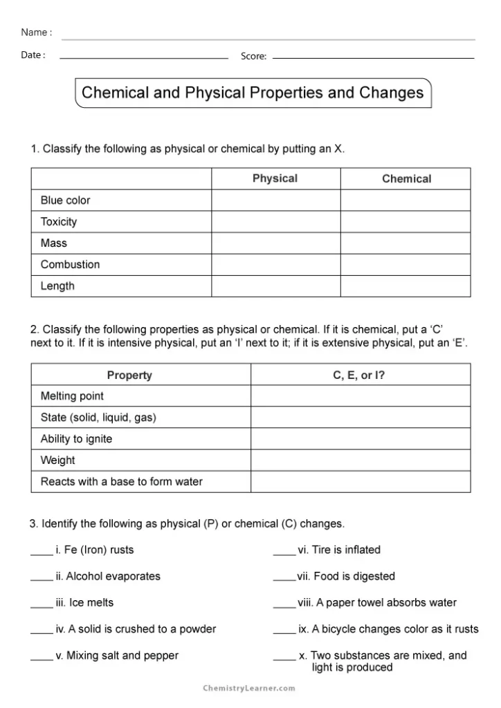 Physical and Chemical Properties and Changes Worksheet with Answers