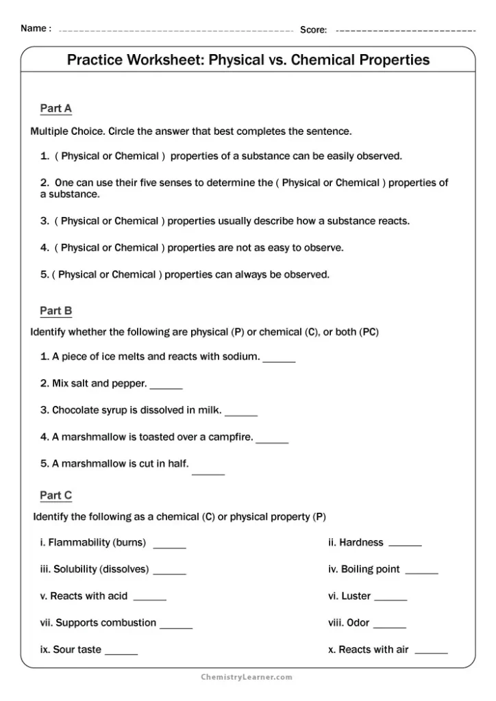 Physical vs Chemical Properties Worksheet with Answers