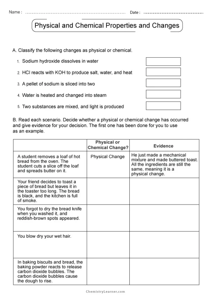 Worksheet on Chemical vs Physical Properties and Changes