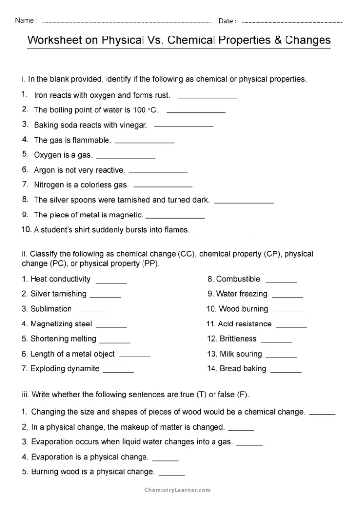Worksheet on Chemical vs Physical Properties and Changes with Answer Key