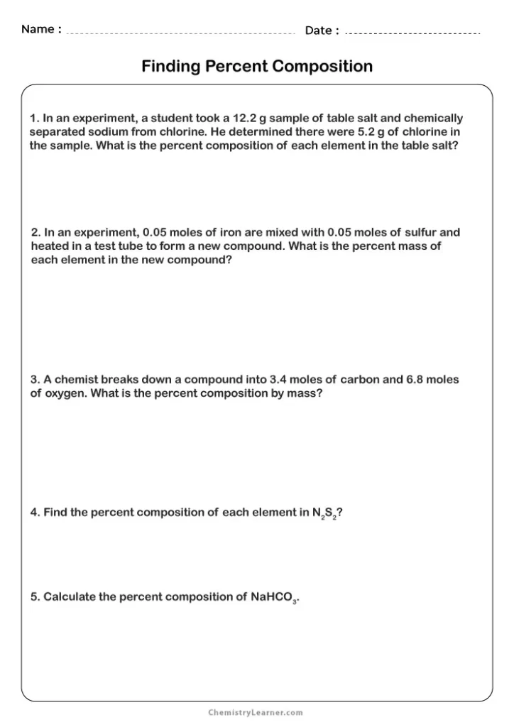 Chemistry Percent Composition Worksheet