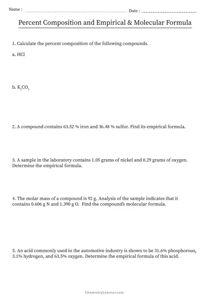 Determining Empirical Formula From Percent Composition Worksheet