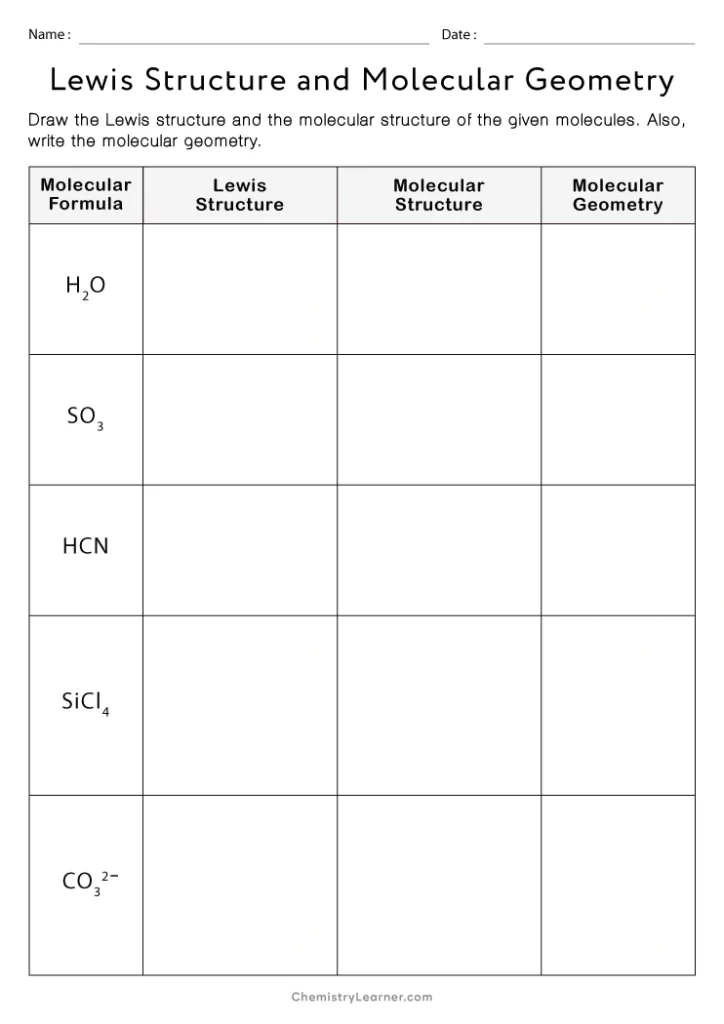 Lewis Structure and Molecular Geometry Worksheet