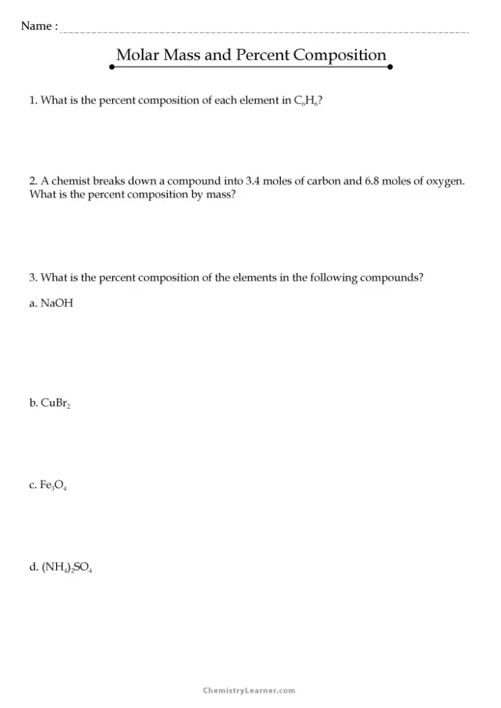 Molar Mass and Percent Composition Worksheet