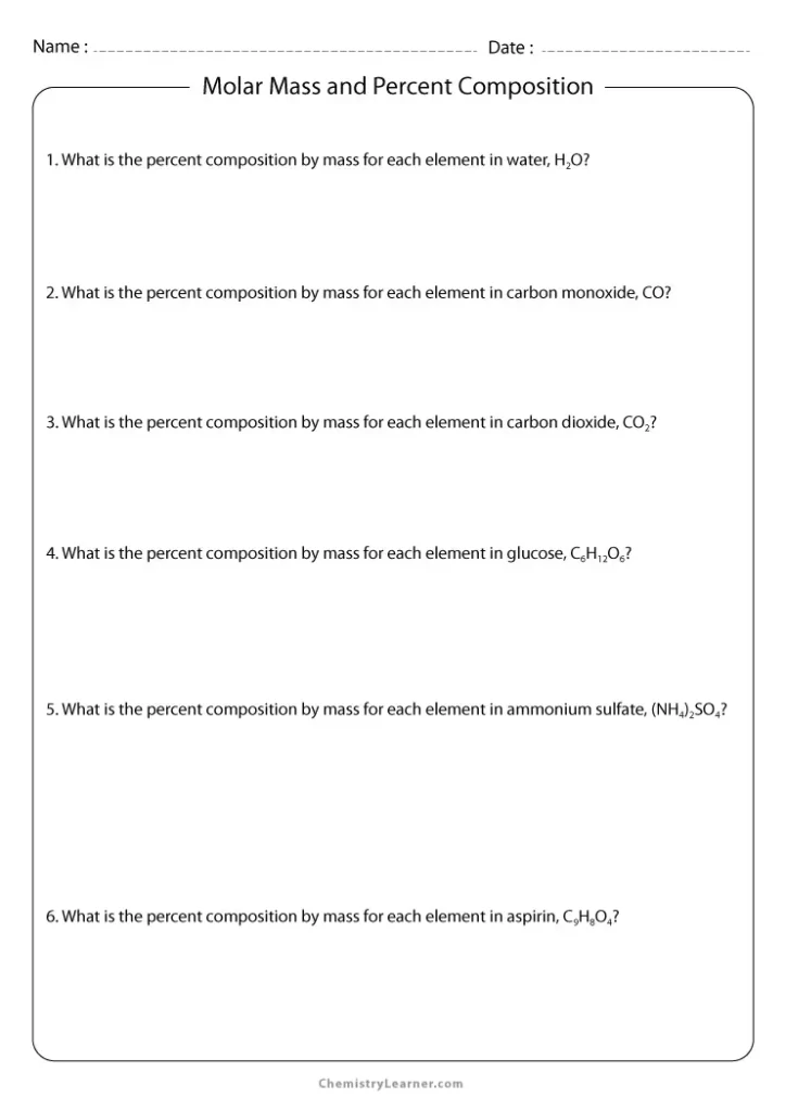 Molecular Mass and Percent Composition Worksheet Physical Science with Answers