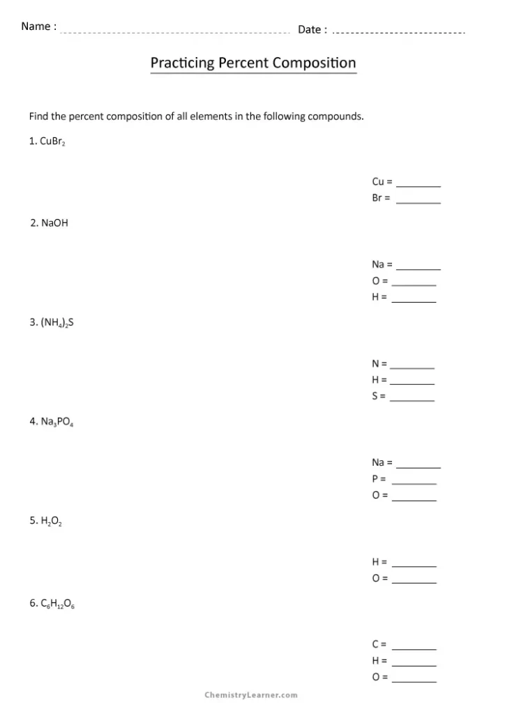 Percent Composition Worksheet with Answer Key