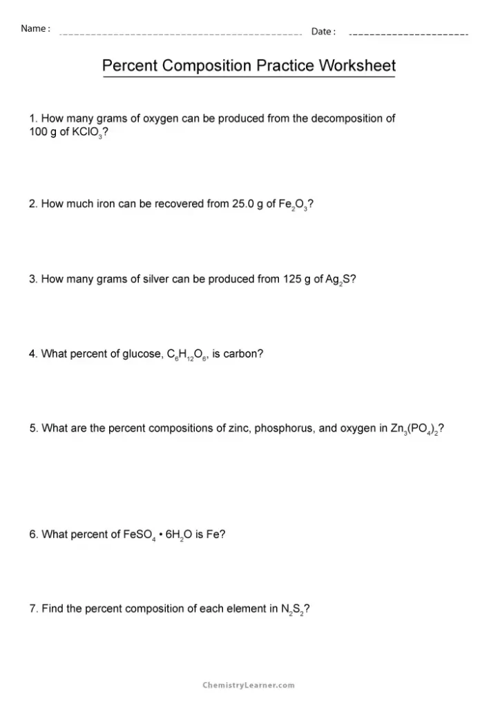 Percent Composition Worksheet with Answers