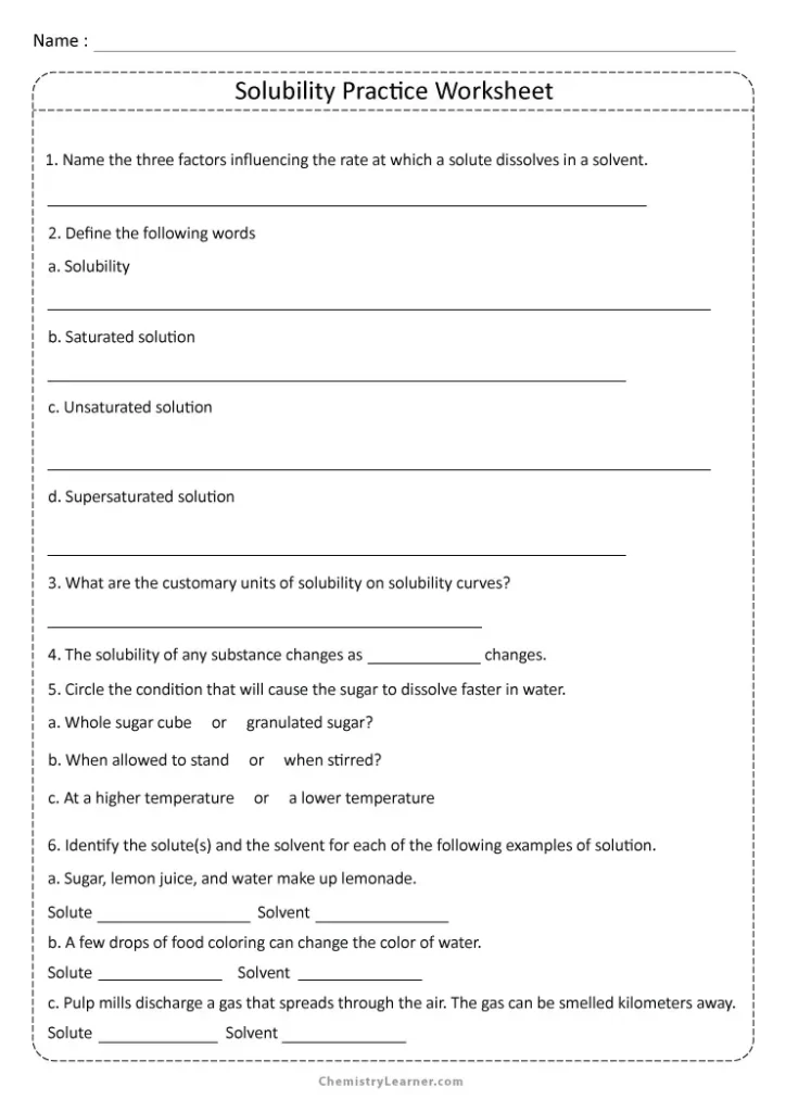 Solubility Curve Worksheet with Answers