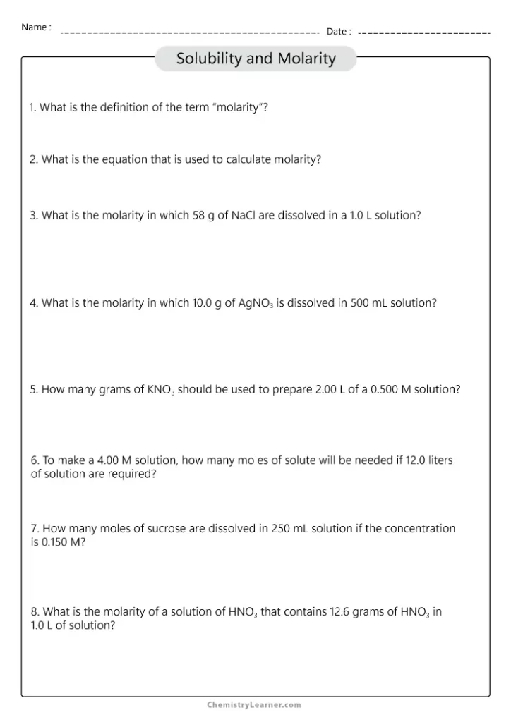 Solubility and Molarity Worksheet