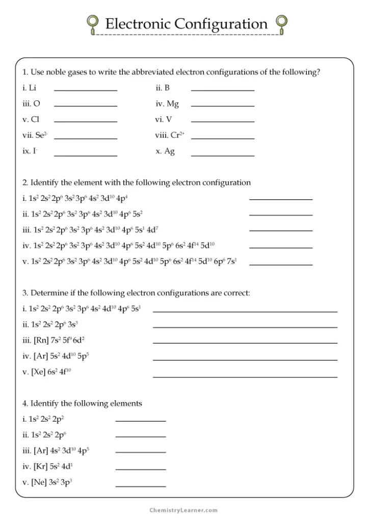 Electron Configuration Worksheet Answer Key Chemistry