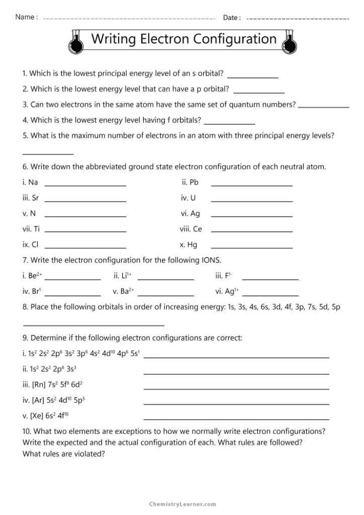 Writing Electron Configuration Worksheet