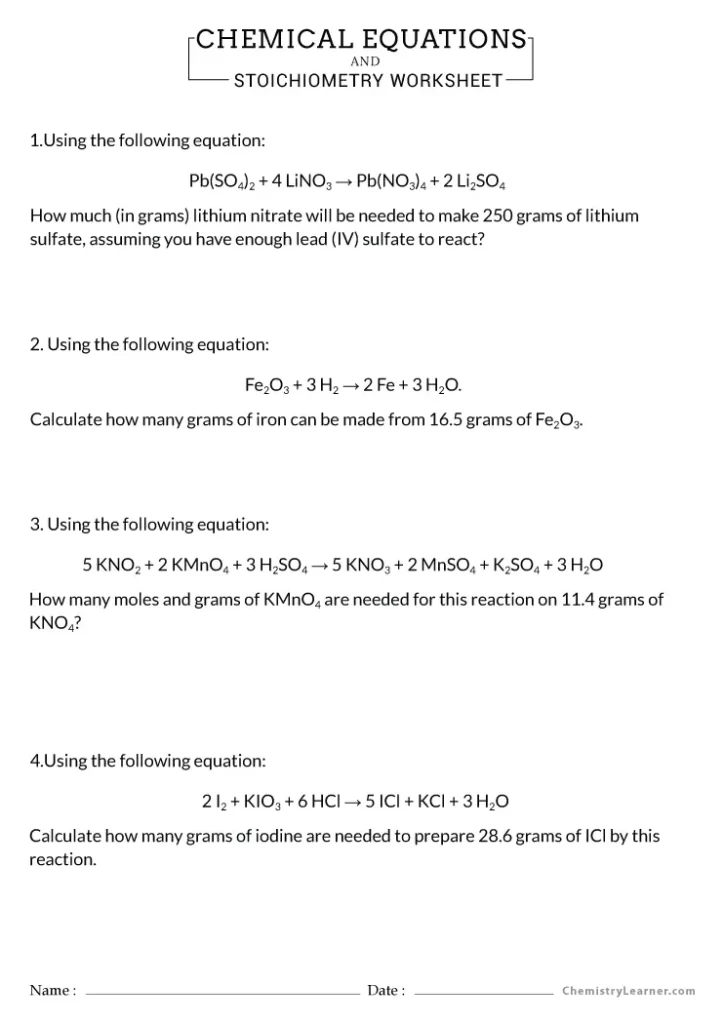 Chemical Equations and Stoichiometry Worksheet Answers