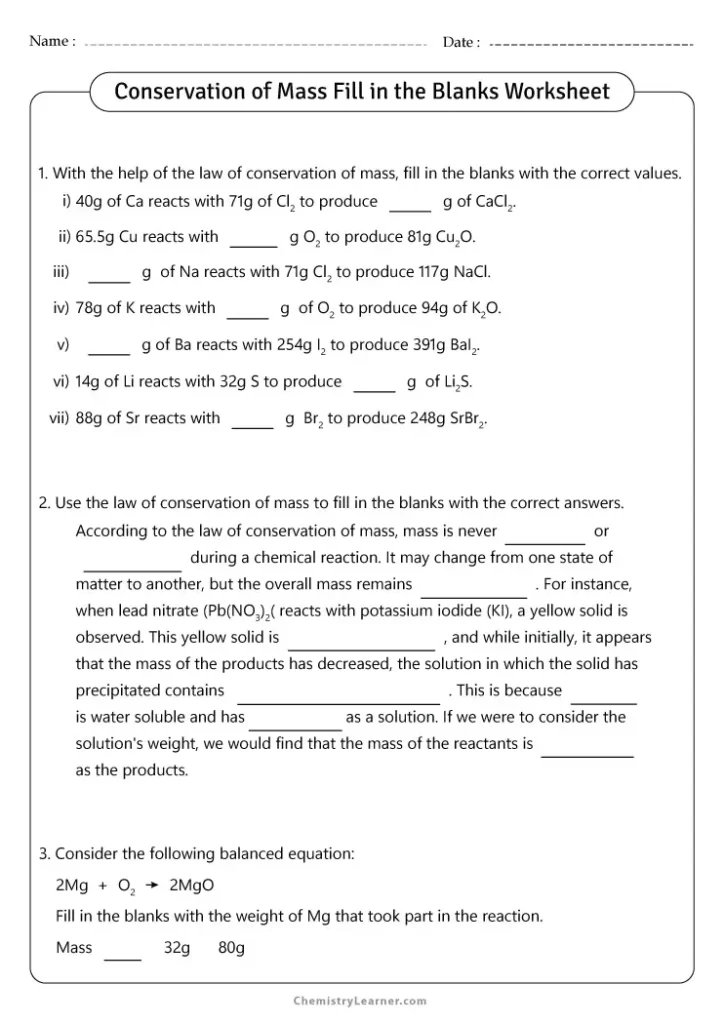 Conservation of Mass Worksheet with Answers