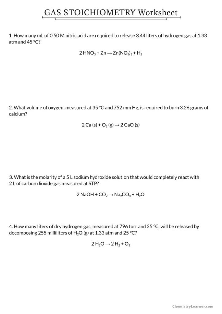 Gas Laws and Stoichiometry Worksheet With Answer Key