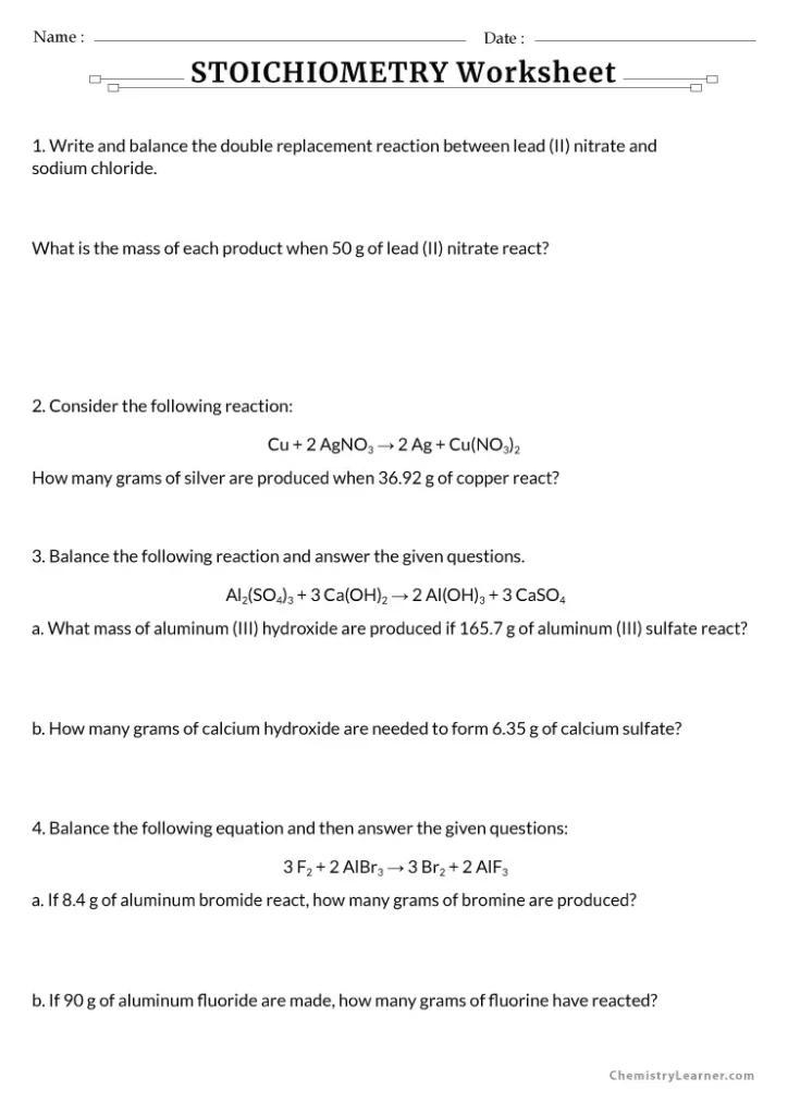 Gram to Gram Stoichiometry Worksheet With Answers