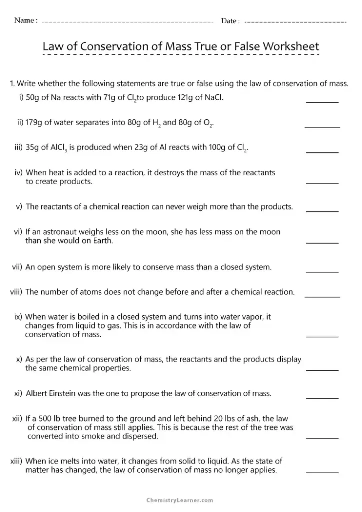 Law of Conservation of Mass Problems Worksheet