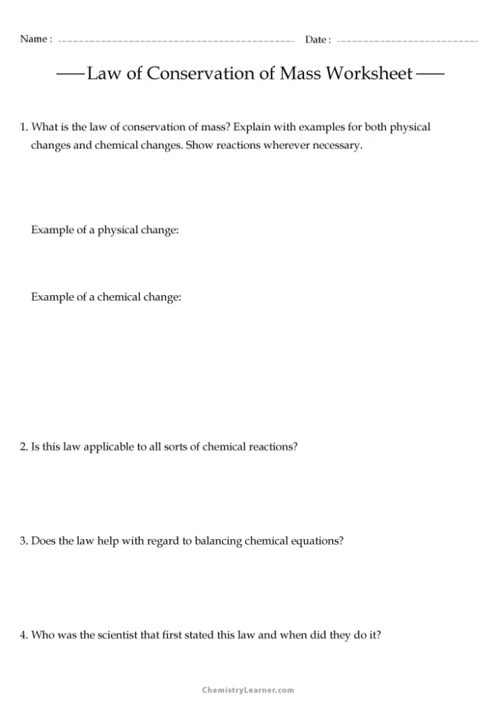 Law of Conservation of Mass Worksheet 8th Grade