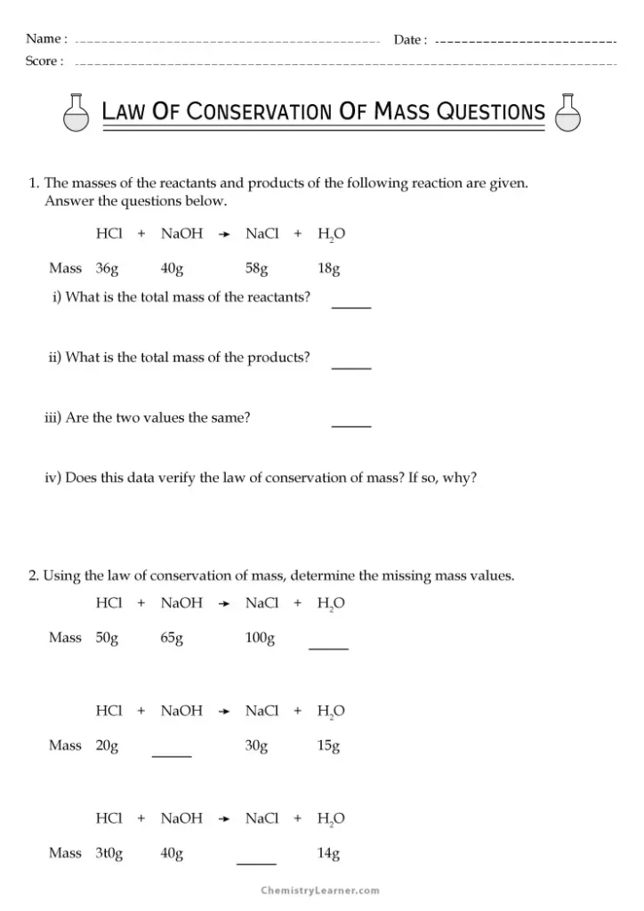 Law of Conservation of Mass Worksheet Chemistry with Answers