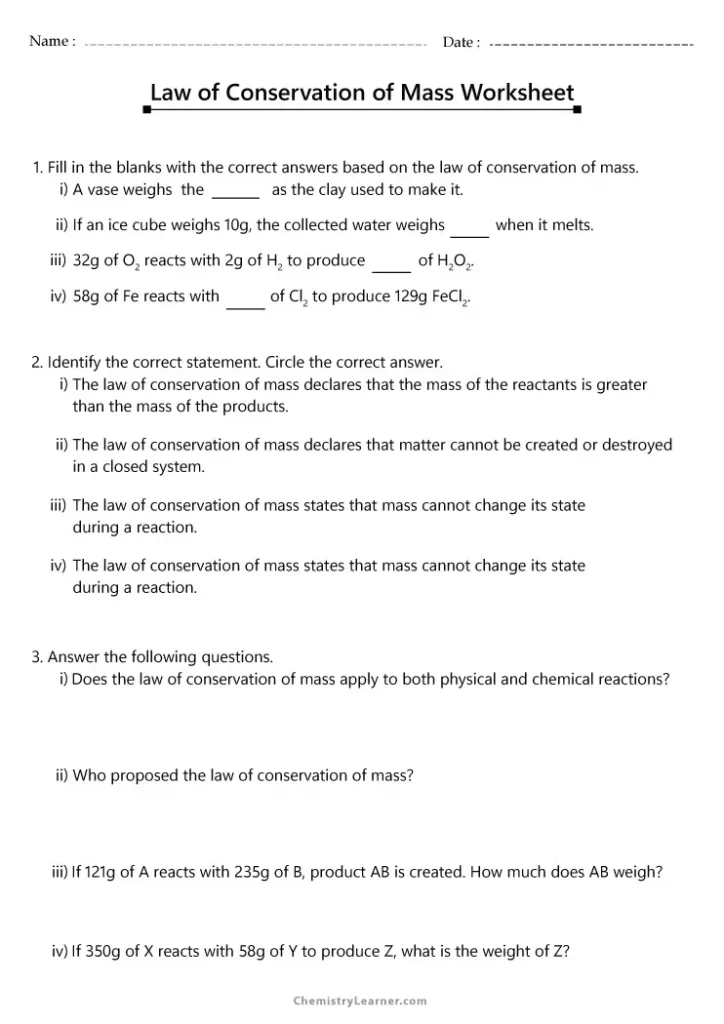 Law of Conservation of Mass Worksheet with Answer Key