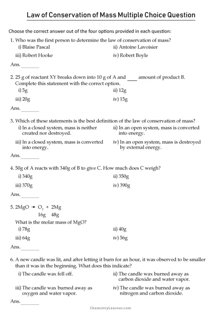 Law of Conservation of Mass Worksheet with Answers