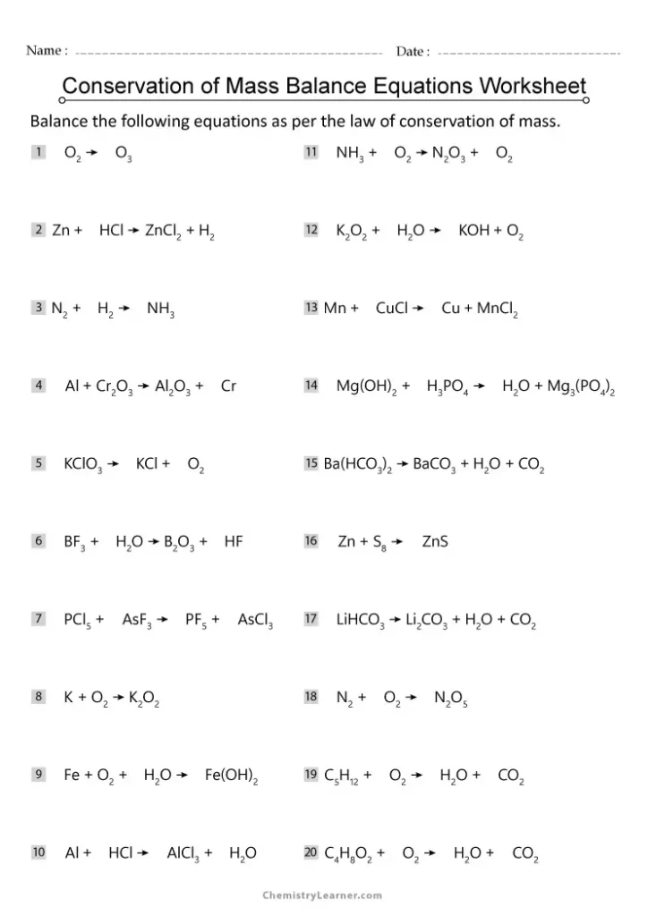 Law of Conservation of Mass balance Equations Worksheet