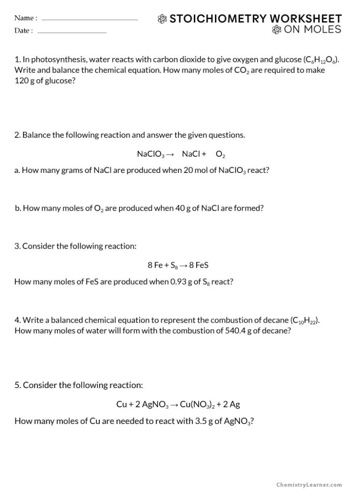 Mass to Mole Stoichiometry Worksheet With Answers
