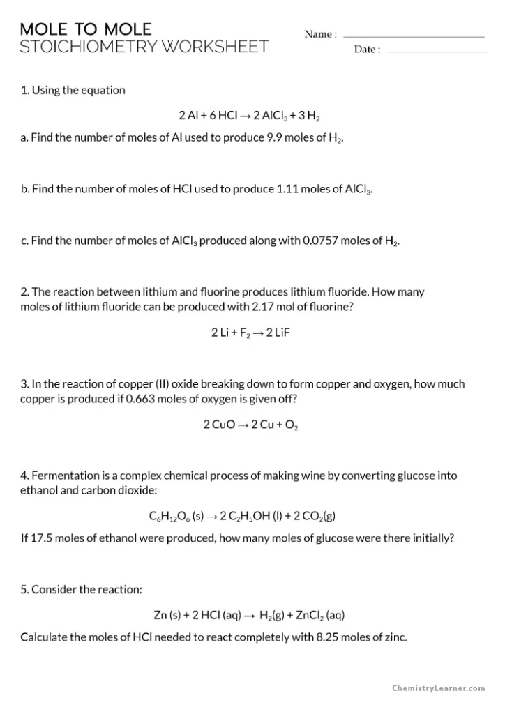 Mole Mole Problems Stoichiometry Worksheet With Answer Key