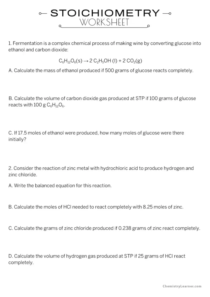 Stoichiometry Worksheet With Answer Key
