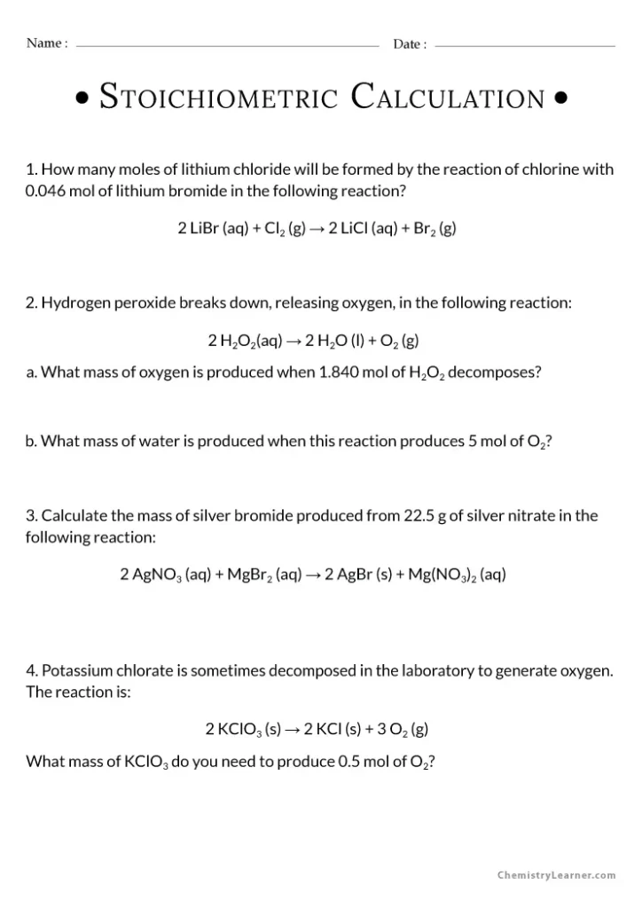 Stoichiometry Worksheet and Key With Answers