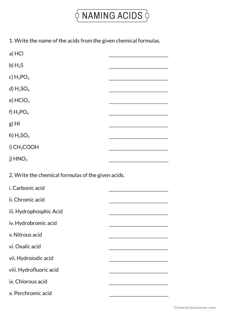 Acid Names and Formulas Worksheet With Answers