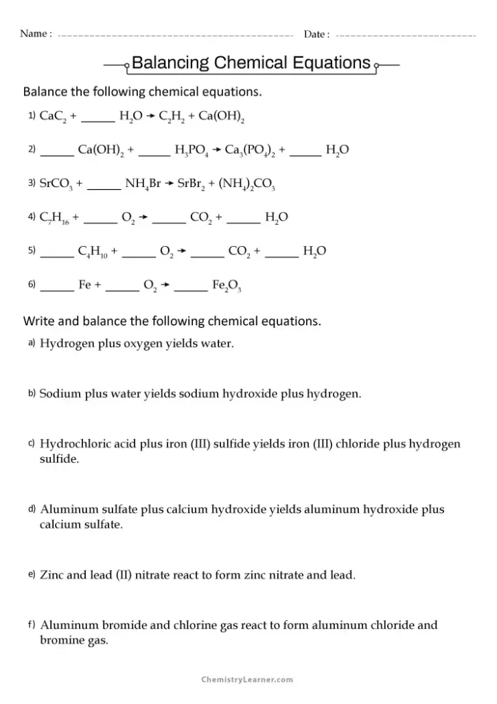 Balance These Following Chemical Equations Worksheet About Chemistry