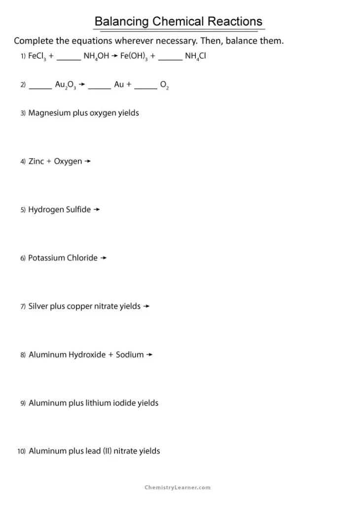 Balancing Chemical Equations Practice Worksheet Class 10