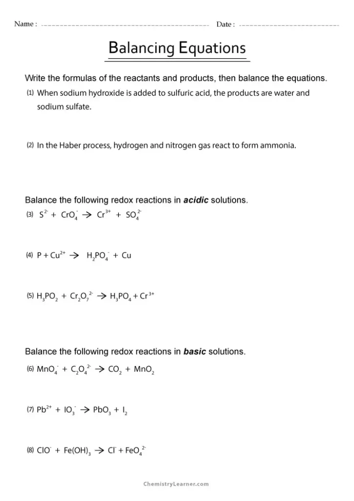 Balancing Chemical Equations With Charges Worksheet