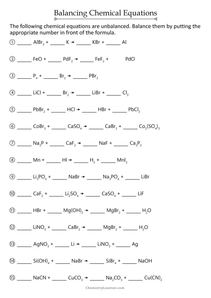 Balancing Chemical Equations Worksheet With Answer Key