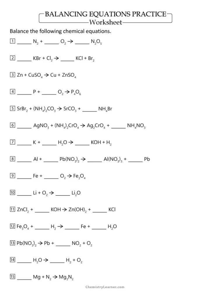 Balancing Equations Practice Worksheet With Answer Key