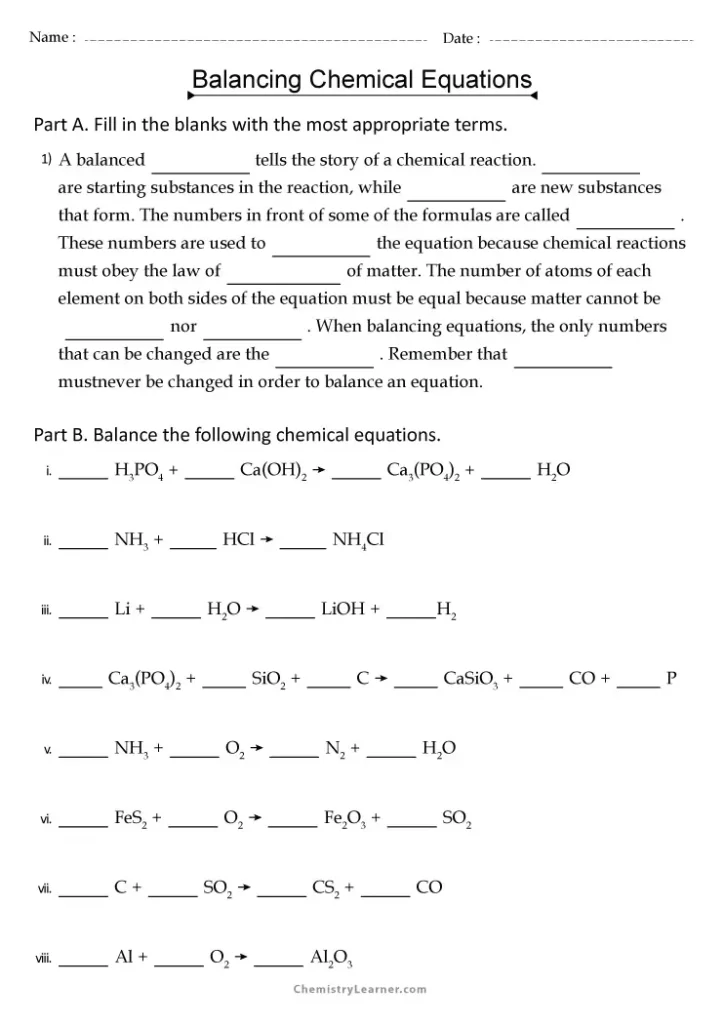 Balancing Equations Worksheet and Key