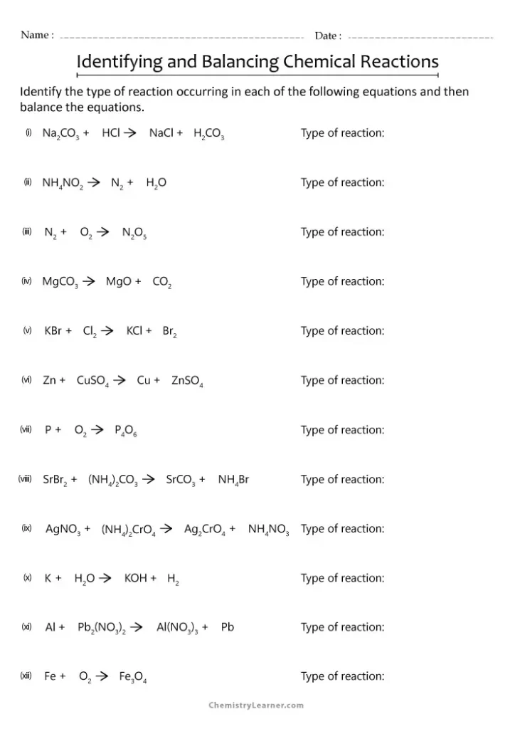Balancing Equations and IdentifyingChemical Reaction Types Worksheet Answers
