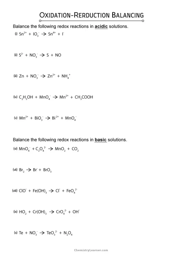 Balancing Oxidation Reduction Reactions Worksheet