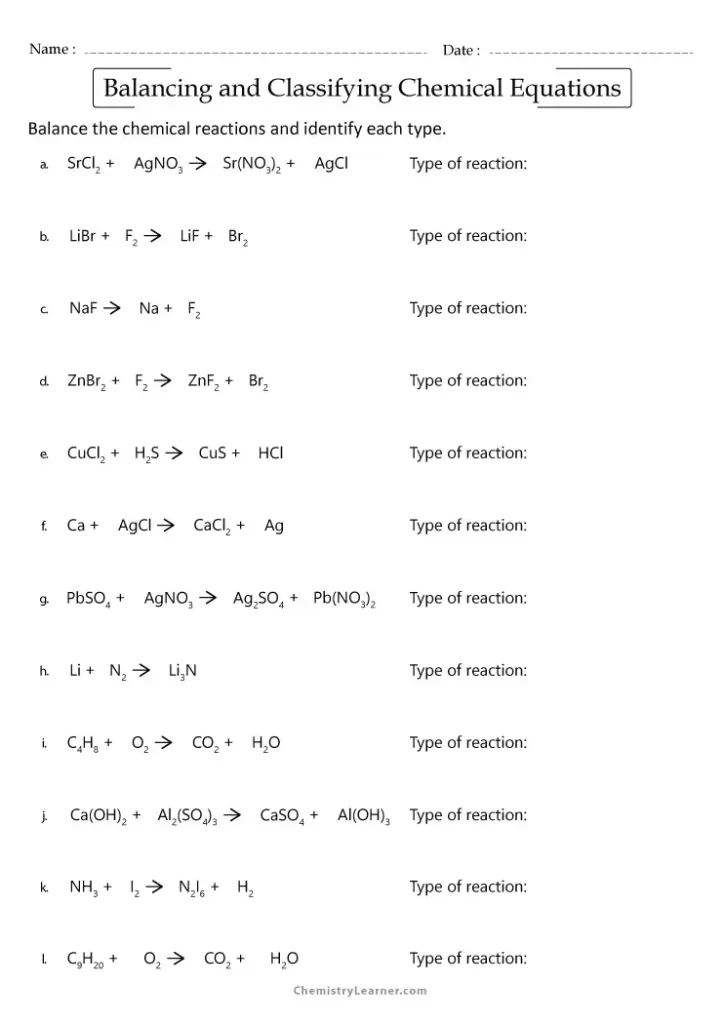 Balancing and Classifying Chemical Equations Worksheet With Answer Key