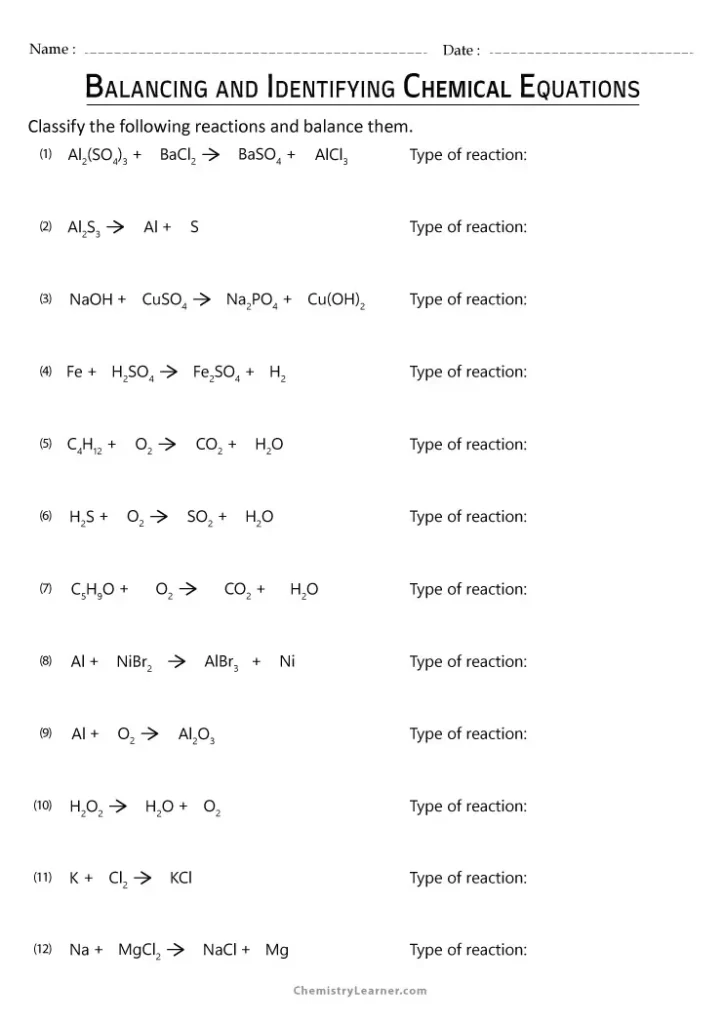 Balancing and Identifying Chemical Equations Worksheet