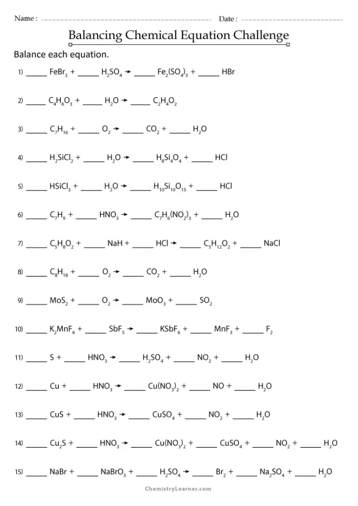 Challenging Balancing Chemical Equations Worksheet Advanced Level With answers