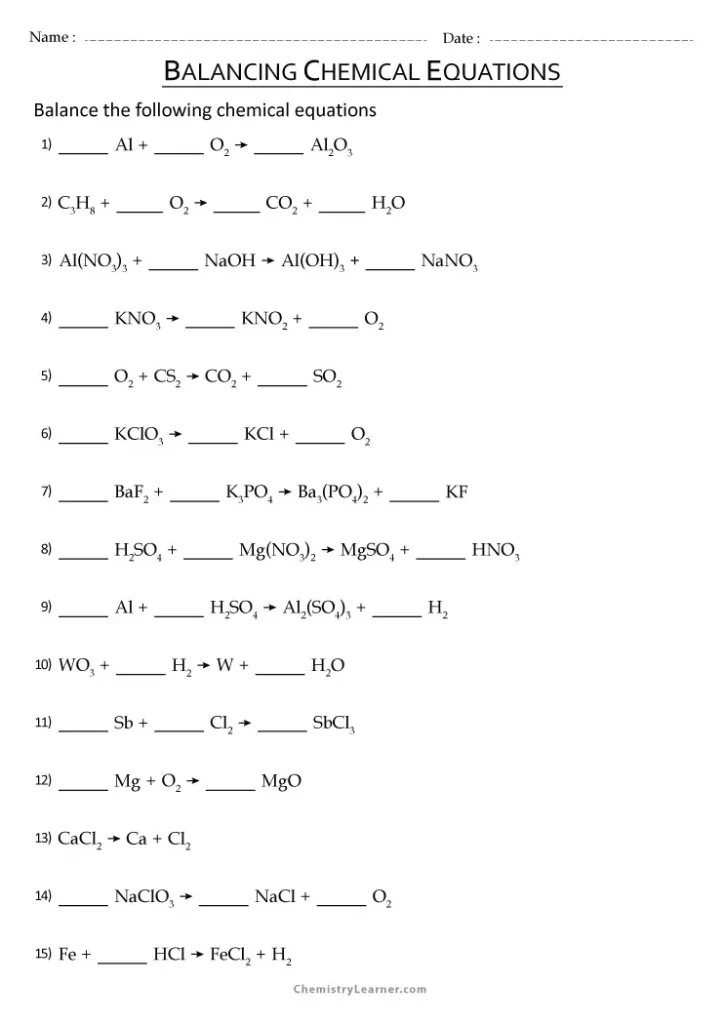 Chemistry Balancing Chemical Equations Worksheet