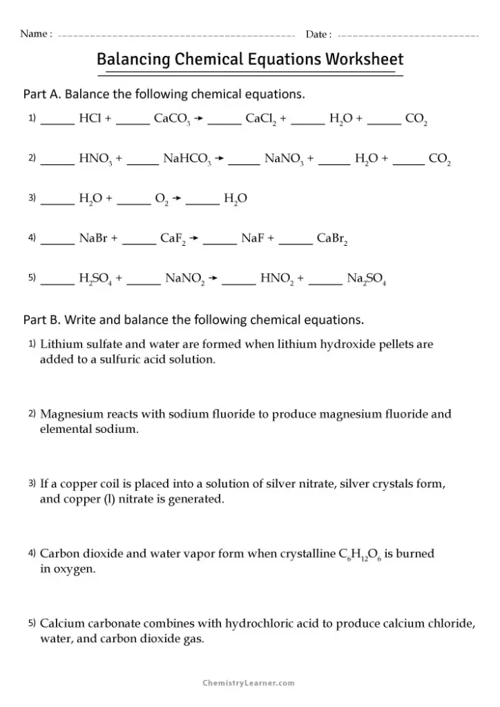 Chemistry Balancing Chemical Equations Worksheet With Answer Key