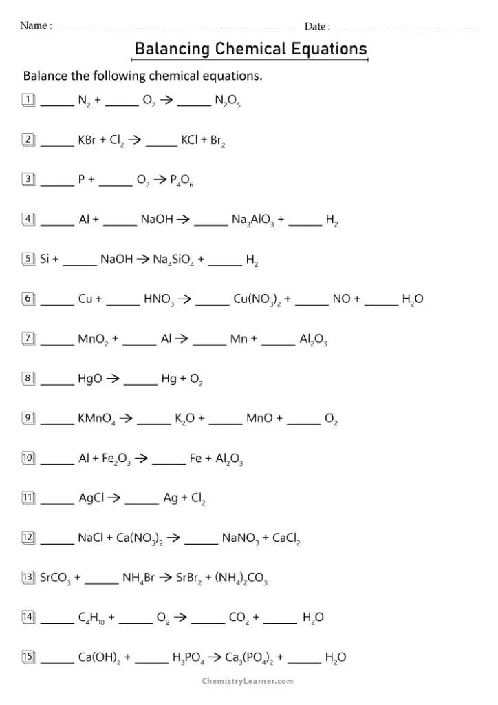 Chemistry Balancing Equations Worksheet With Answer Key