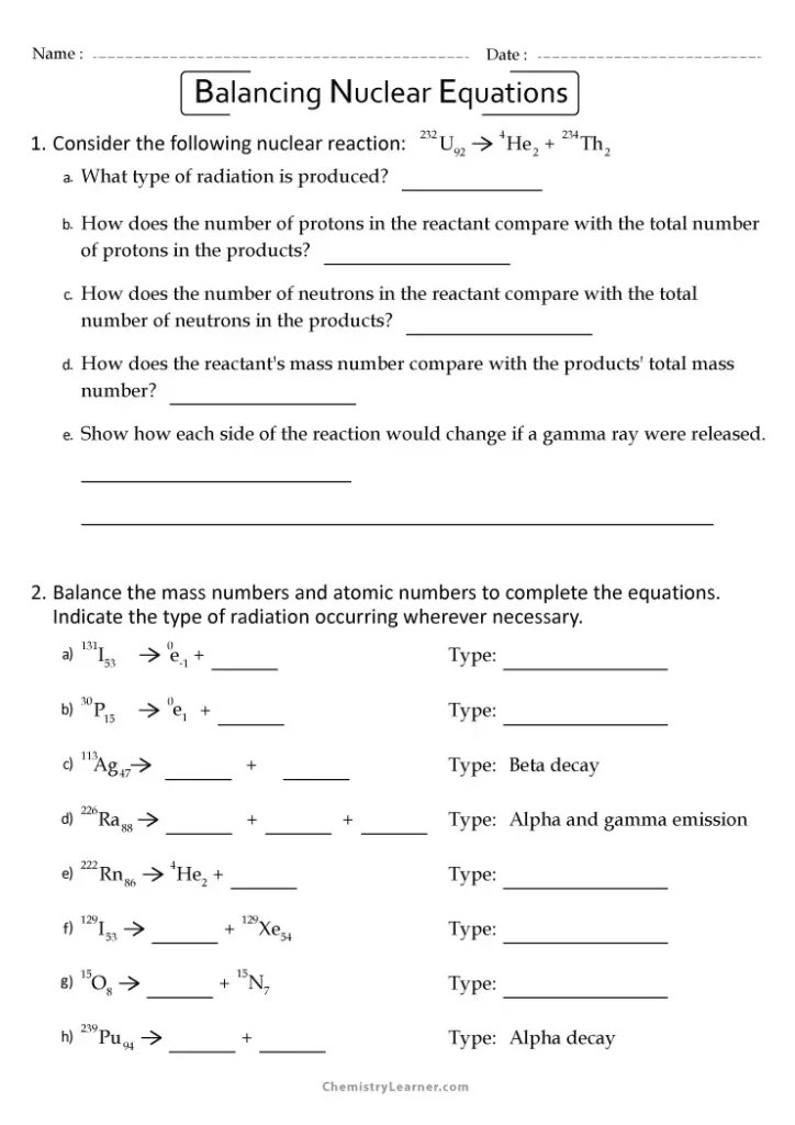 Chemistry Balancing Nuclear Equations Worksheet With Answers Key