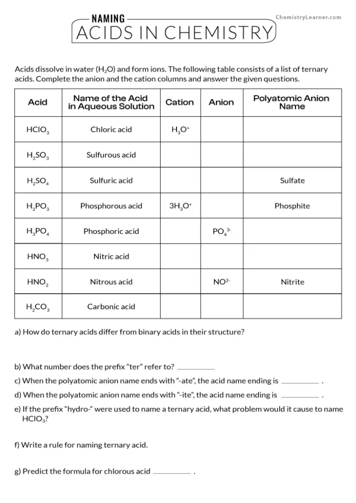 Chemistry Naming Acids Worksheet With Answers