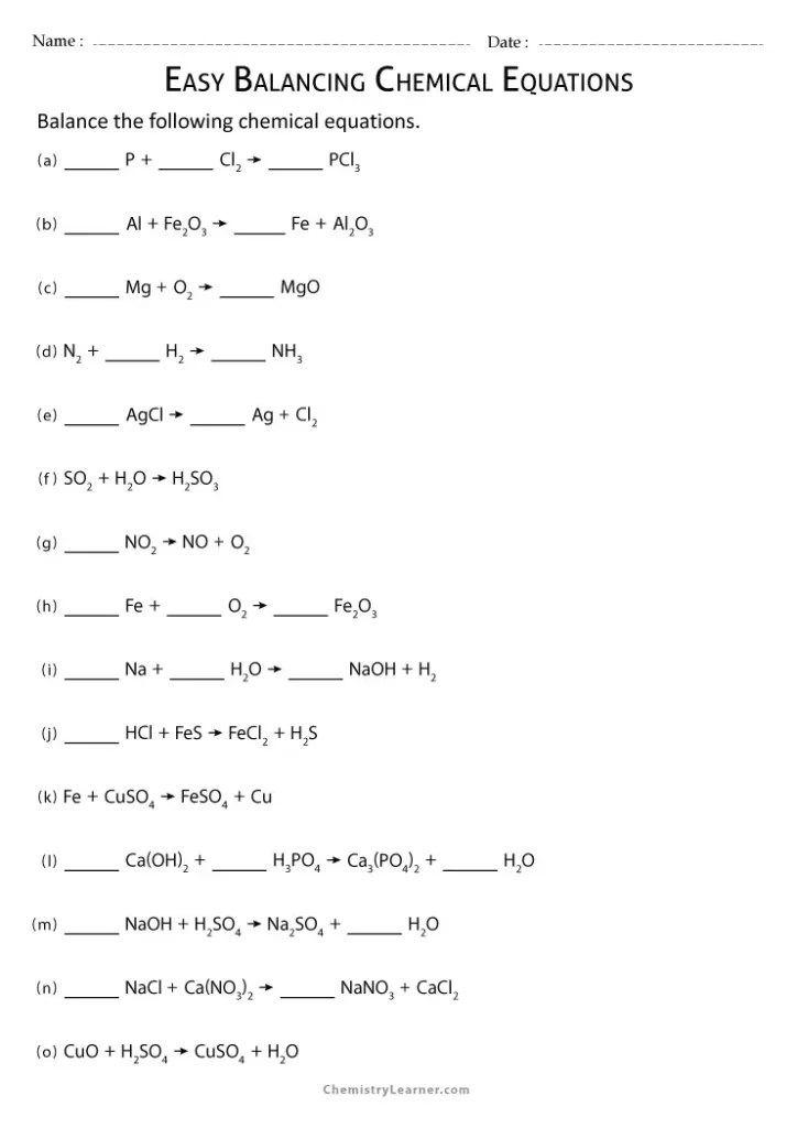 Easy Balancing Symbol Equations Worksheet